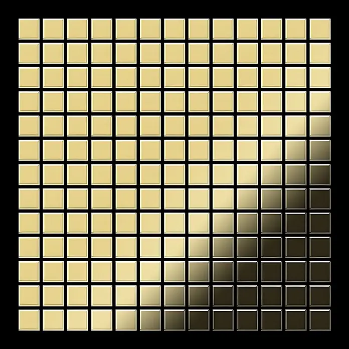ALLOY Mosaikfliese Mosaik Fliese massiv Metall Messing gewalzt gold 1,6mm stark Mosaic-BM - 322 x 322 mm, Gold, Sonstiges - Metallische, goldene quadratische Mosaikfliesen mit hellem bis dunklem Diagonalverlauf.