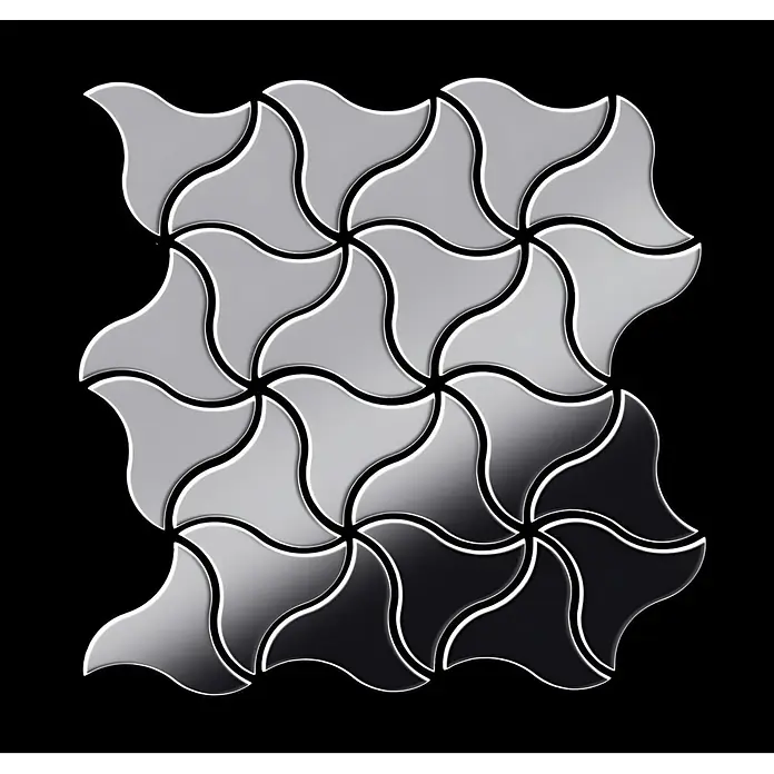 ALLOY Mosaikfliese Mosaik Fliese massiv Edelstahl hochglänzend grau 1,6mm stark Ninja-S-S-M - 313 x 255 mm, Grau, Silber, Hochglänzend - Geometrisches Muster aus ineinandergreifenden wellenförmigen Fliesen mit grau-schwarzem Farbverlauf.