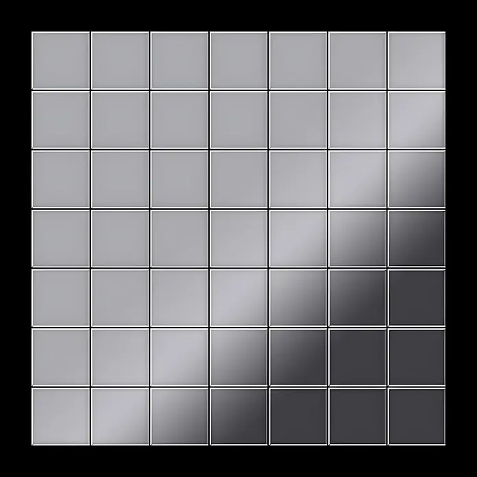 ALLOY Mosaikfliese Mosaik Fliese massiv Edelstahl hochglänzend grau 1,6mm stark Attica-S-S-M - 295 x 295 mm, Grau, Silber, Hochglänzend - Ein Raster quadratischer Fliesen mit einem sanften diagonalen Farbverlauf von Hell- zu Dunkelgrau.
