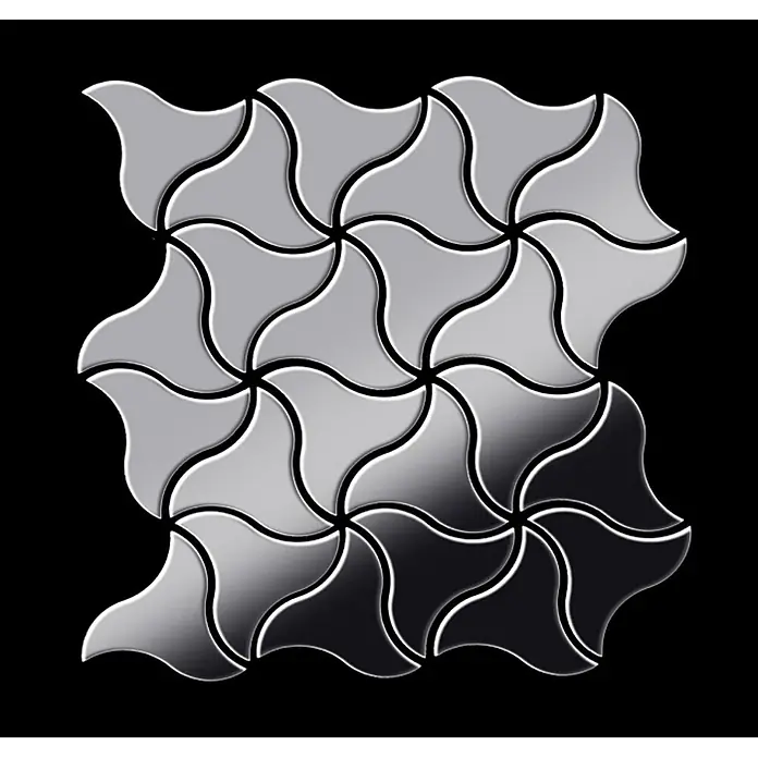 ALLOY Mosaikfliese Mosaik Fliese massiv Edelstahl hochglänzend grau 1,6mm stark Ninja-S-S-M - 313 x 255 mm, Grau, Silber, Hochglänzend - Glänzende graue ineinandergreifende Fliesen bilden ein dynamisches, wellenförmiges Muster.