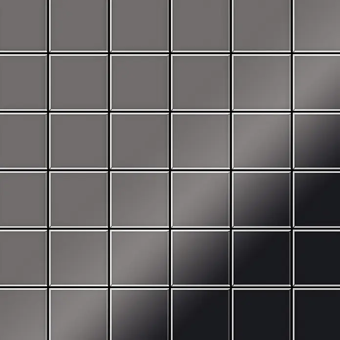 ALLOY Mosaikfliese Mosaik Fliese massiv Titan hochglanz dunkelgrau 1,6mm Cinquanta-Ti-SM - 306 x 306 mm, Schwarz, Grau, Hochglänzend - Gitter aus glänzenden quadratischen Fliesen in einem Farbverlauf von hellgrau bis dunkel-schwarz.