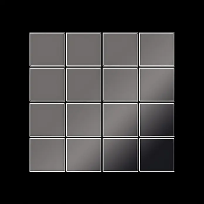 ALLOY Mosaikfliese Mosaik Fliese massiv Titan hochglanz dunkelgrau 1,6mm Cinquanta-Ti-SM - 306 x 306 mm, Schwarz, Grau, Hochglänzend - Raster aus quadratischen grauen Platten mit einem Hell-Dunkel-Verlauf.