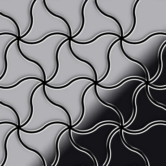 ALLOY Mosaikfliese Mosaik Fliese massiv Edelstahl hochglänzend grau 1,6mm stark Ninja-S-S-M - 313 x 255 mm, Grau, Silber, Hochglänzend - Verzahnendes Wellenmuster aus grauen Formen, mit Farbverlauf von Hell- zu Dunkelgrau, schwarz-weißen Umrissen.
