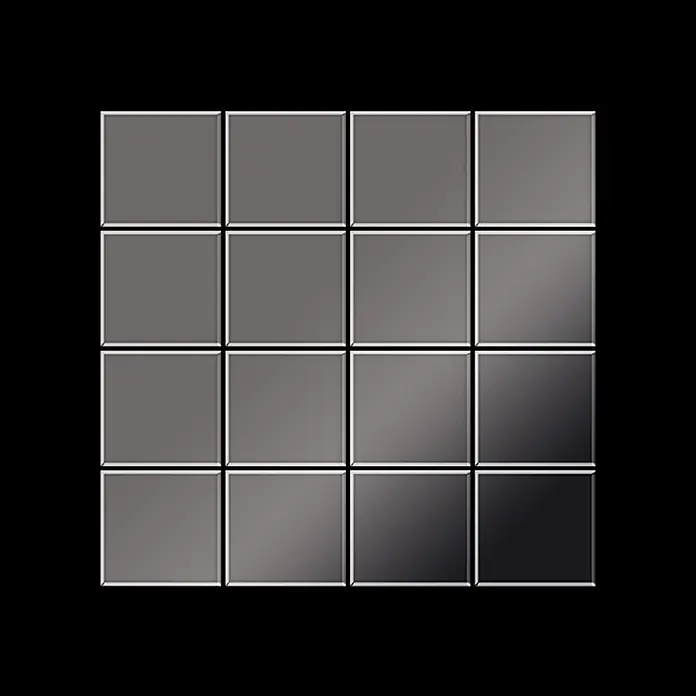 ALLOY Mosaikfliese Mosaik Fliese massiv Titan hochglanz dunkelgrau 1,6mm Cinquanta-Ti-SM - 306 x 306 mm, Schwarz, Grau, Hochglänzend - 4x4 Gitter aus metallisch grauen Quadratfliesen mit Hell-Dunkel-Verlauf.