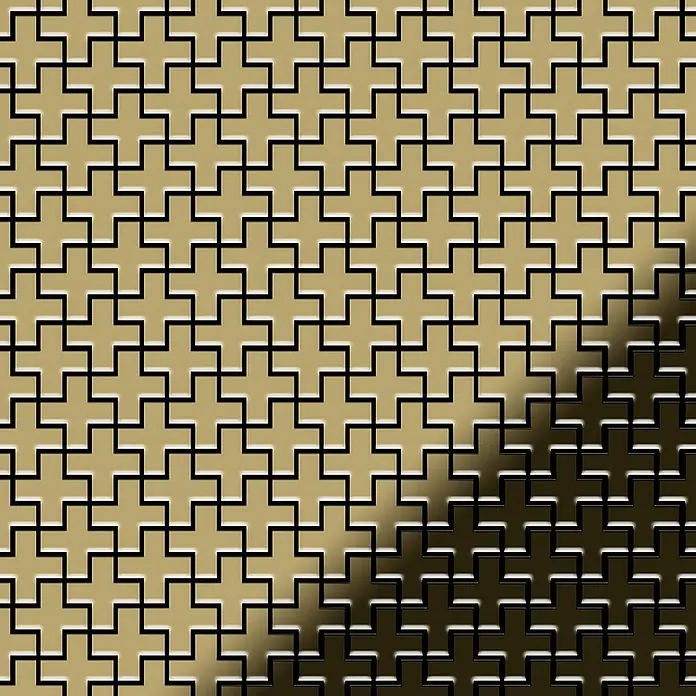 ALLOY Mosaikfliese Mosaik Fliese massiv Metall Titan hochglanz gold 1,6mm Swiss Cross-Ti-GM - 322 x 322 mm, Gold, Hochglänzend - Metallische Gold- und Schwarzfarbene, ineinandergreifende Kreuzmuster mit Glanz und Lichtverlauf.