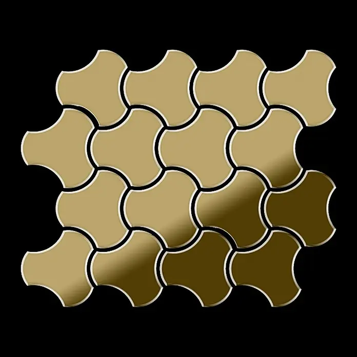 ALLOY Mosaikfliese Mosaik Fliese massiv Titan hochglänzend gold 1,6mm stark Ubiquity-Ti-GM - 270 x 325 mm, Gold, Hochglänzend - Verbundpflastersteine in Beige mit einzigartiger vierlappiger, gekrümmter Form, zeigen eine subtile Farbverlaufstextur.