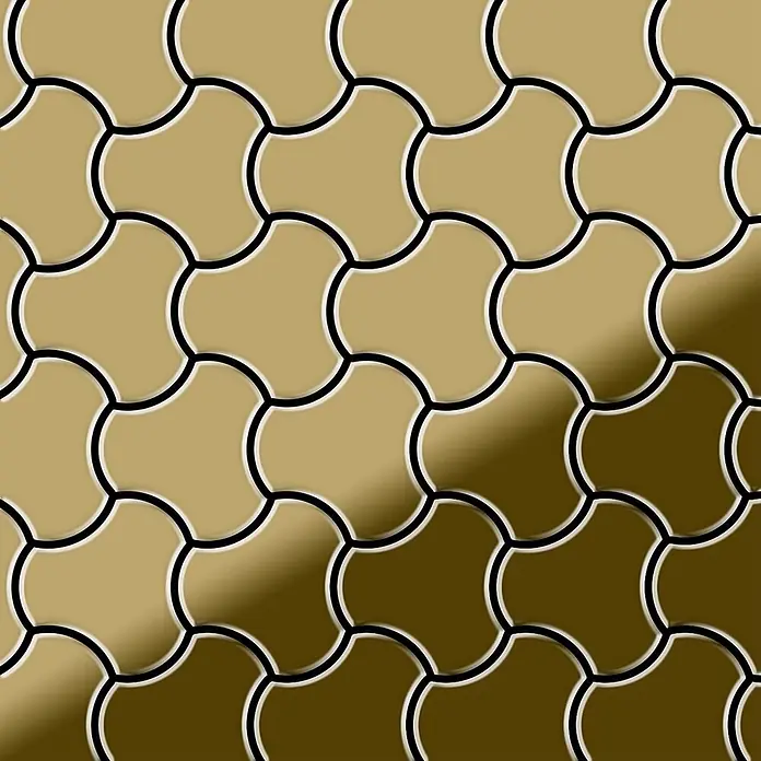 ALLOY Mosaikfliese Mosaik Fliese massiv Titan hochglänzend gold 1,6mm stark Ubiquity-Ti-GM - 270 x 325 mm, Gold, Hochglänzend - Verbundpflastersteine in Beige mit dunklen Umrandungen, bilden ein dekoratives, nahtloses Muster.