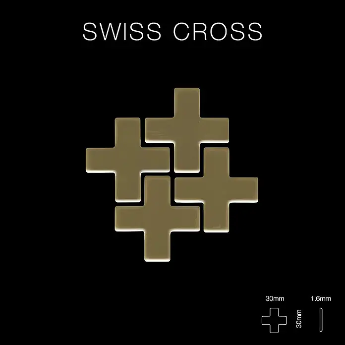 ALLOY Mosaikfliese Mosaik Fliese massiv Metall Titan hochglanz gold 1,6mm Swiss Cross-Ti-GM - 322 x 322 mm, Gold, Hochglänzend - Vier hellgoldene, abgeschrägte Schweizer Kreuz-Fliesen, 30x30x1.6mm, 2x2-Muster.