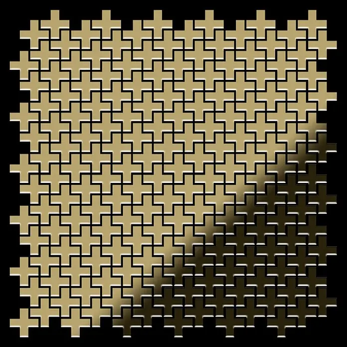 ALLOY Mosaikfliese Mosaik Fliese massiv Metall Titan hochglanz gold 1,6mm Swiss Cross-Ti-GM - 322 x 322 mm, Gold, Hochglänzend - Metallische kreuzförmige Fliesen in einem wiederholenden Muster, von hellgold zu dunkelbronze übergehend.