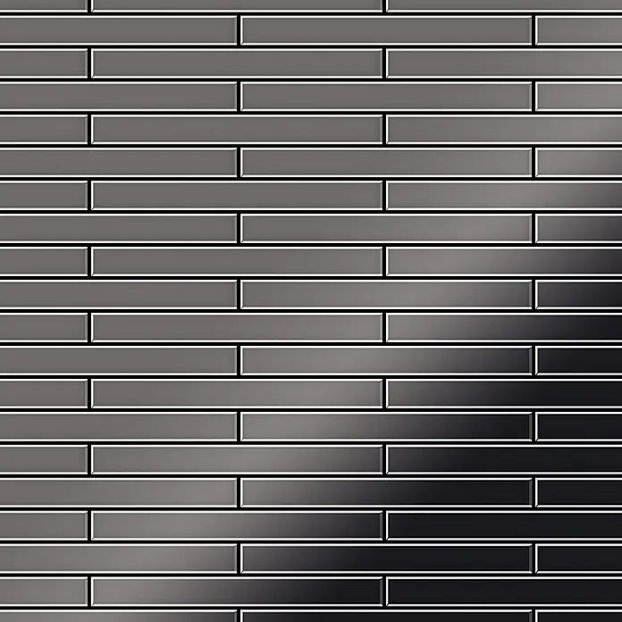 ALLOY Mosaikfliese Mosaik Fliese massiv Metall Titan hochglanz dunkelgrau 1,6mm Deedee-Ti-SM - 316 x 247 mm, Schwarz, Grau, Hochglänzend - Glänzende, dunkelgrau bis schwarz verlaufende rechteckige Wandfliesen im Ziegelverband.