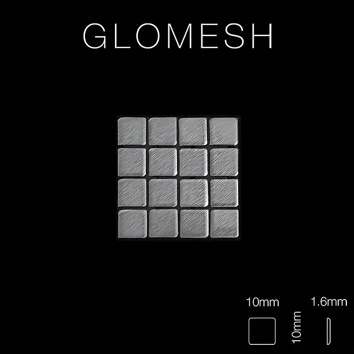 ALLOY Mosaikfliese Mosaik Fliese massiv Edelstahl gebürstet grau 1,6mm stark Glomesh-S-S-B - 316 x 316 mm, Grau, Silber, Sonstiges - Kleine quadratische Metall-Mesh-Fliesen (10x10mm, 1,6mm dick) mit Maßen.