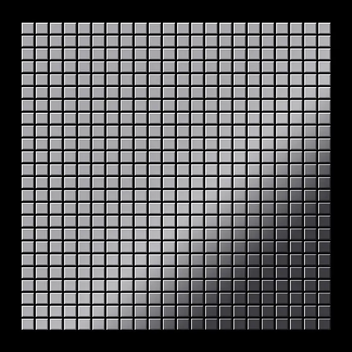 ALLOY Mosaikfliese Mosaik Fliese massiv Metall Edelstahl hochglanz grau 1,6mm Glomesh-S-S-M - 316 x 316 mm, Grau, Silber, Hochglänzend - Metallisches Quadratgittermuster mit einem Verlauf von Hell- zu Dunkelgrau.