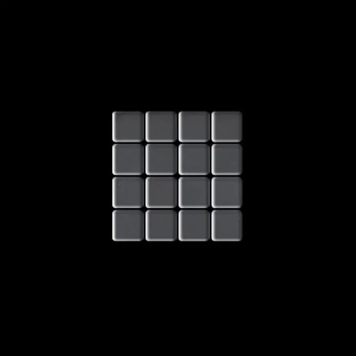 ALLOY Mosaikfliese Mosaik Fliese massiv Metall Edelstahl marine hochglanz grau Glomesh-S-S-MM - 316 x 316 mm, Grau, Silber, Blau, Hochglänzend - 16 graue quadratische Fliesen mit abgerundeten Ecken, angeordnet in einem 4x4-Raster.