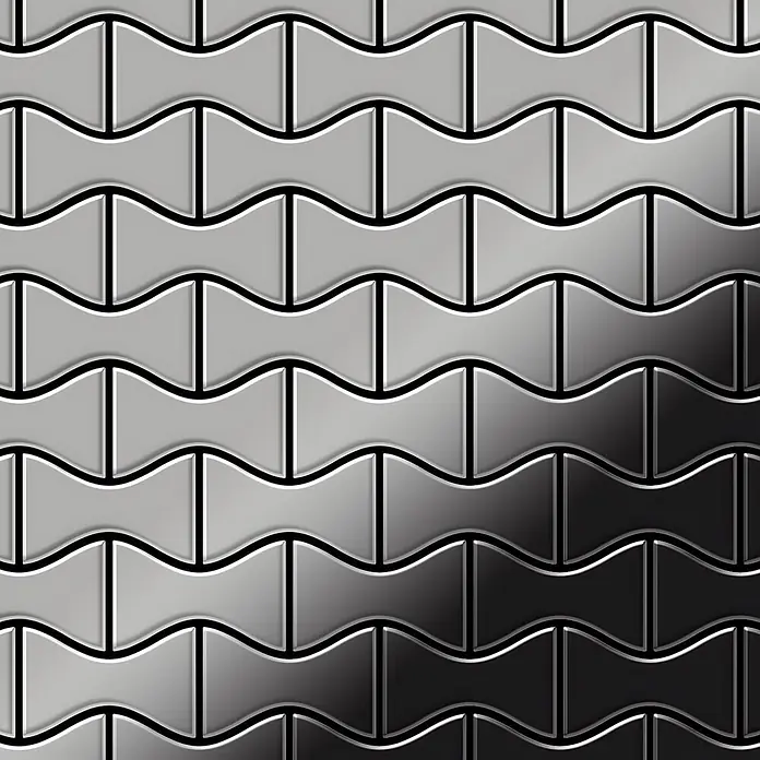 ALLOY Mosaikfliese Mosaik Fliese massiv Edelstahl marine hochglanz grau 1,6mm Kismet-S-S-MM - 329 x 299 mm, Grau, Silber, Blau, Hochglänzend - Metallische, ineinandergreifende Fliesen mit welliger, sanduhrförmiger Gestalt und einem Silber-Schwarz-Farbverlauf.