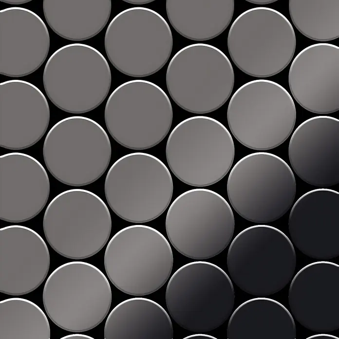 ALLOY Mosaikfliese Mosaik Fliese massiv Titan hochglanz dunkelgrau 1,6mm Medallion-Ti-SM - 313 x 256 mm, Schwarz, Grau, Hochglänzend - Reihen runder Fliesen im Grau-Schwarz-Verlauf mit leichtem 3D-Effekt, die ein modernes Muster bilden.