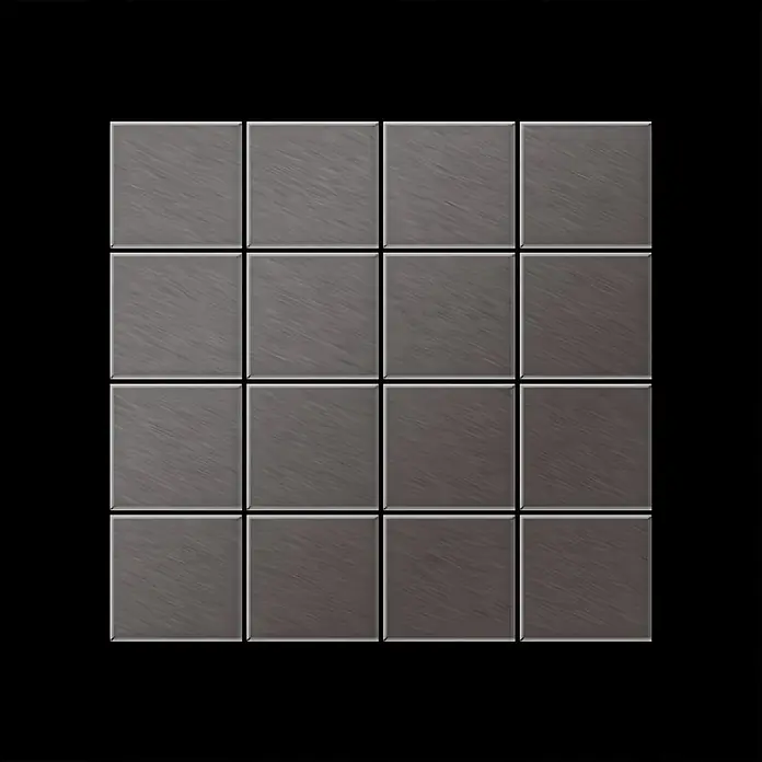 ALLOY Mosaikfliese Mosaik Fliese massiv Titan gebürstet dunkelgrau 1,6mm Cinquanta-Ti-SB - 306 x 306 mm, Schwarz, Grau, Sonstiges - Ein Gitter aus 16 dunkelgrauen, gebürsteten Metallfliesen.