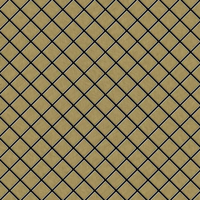 ALLOY Mosaikfliese Mosaik Fliese massiv Metall Titan gebürstet gold 1,6mm stark Diamond-Ti-GB - 319 x 319 mm, Gold, Sonstiges - Goldfarbenes Rautenfliesenmuster mit gebürsteter Textur und schwarzen Fugen.