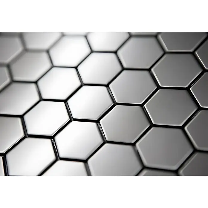 ALLOY Mosaikfliese Mosaik Fliese massiv Metall Edelstahl matt grau 1,6mm stark Honey-S-S-MA - 329 x 332 mm, Grau, Silber, Matt - Weiße sechseckige Fliesen bilden ein Wabenmuster mit dunklen Fugen.