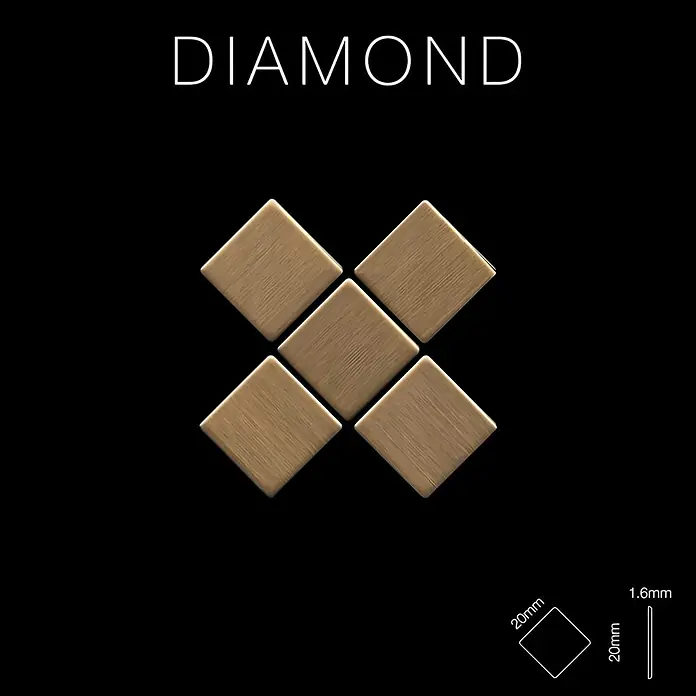 ALLOY Mosaikfliese Mosaik Fliese massiv Metall Titan gebürstet gold 1,6mm stark Diamond-Ti-GB - 319 x 319 mm, Gold, Sonstiges - Fünf gebürstete goldene quadratische Fliesen, 20x20x1.6mm, in Rautenmuster angeordnet.