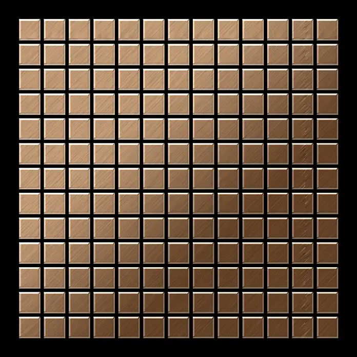 ALLOY Mosaikfliese Mosaik Fliese massiv Titan gebürstet kupfer 1,6mm stark Mosaic-Ti-AB - 322 x 322 mm, Bronze, Sonstiges - Gebürstete kupferfarbene Metall-Quadratfliesen in einem Gitter angeordnet.