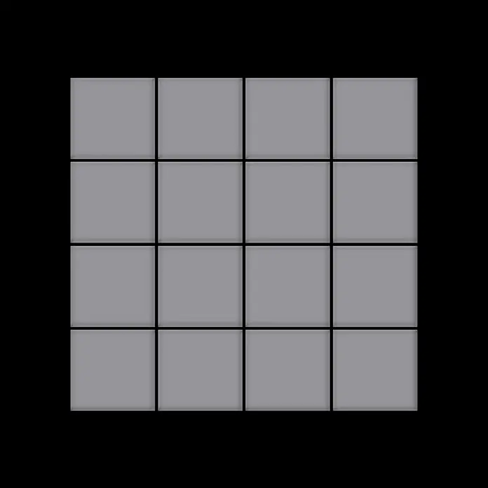 ALLOY Mosaikfliese Mosaik Fliese massiv Edelstahl matt grau 1,6mm stark Cinquanta-S-S-MA - 306 x 306 mm, Grau, Silber, Matt - Ein 4x4-Gitter aus gleichmäßigen grauen Quadraten mit schwarzen Umrissen.