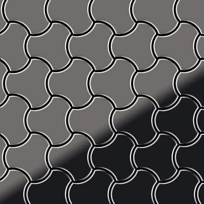 ALLOY Mosaikfliese Mosaik Fliese massiv Metall Titan hochglanz dunkelgrau 1,6mm Ubiquity-Ti-SM - 270 x 325 mm, Schwarz, Grau, Hochglänzend - Glänzende, ineinandergreifende Pflastersteine in Grau und Dunkelgrau mit gewelltem Muster.