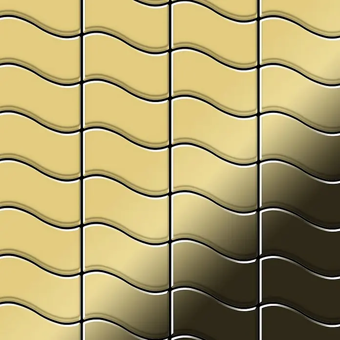 ALLOY Mosaikfliese Mosaik Fliese massiv Metall Messing gewalzt gold 1,6mm stark Flux-BM - 318 x 305 mm, Gold, Sonstiges - Muster aus wellenförmigen Goldfliesen mit Farbverlauf von hellem Gold zu dunkler Bronze.