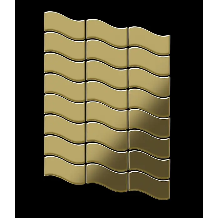 ALLOY Mosaikfliese Mosaik Fliese massiv Metall Messing gewalzt gold 1,6mm stark Flux-BM - 318 x 305 mm, Gold, Sonstiges - Goldene, wellenförmige Dekomosaikfliesen in einem Gittermuster angeordnet.