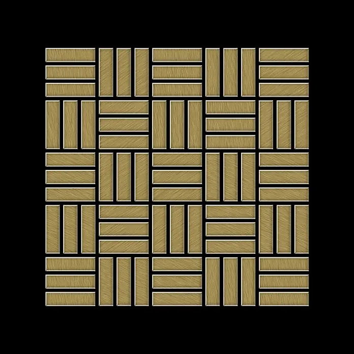 ALLOY Mosaikfliese Mosaik Fliese massiv Titan gebürstet gold 1,6mm stark Basketweave-Ti-GB - 288 x 288 mm, Gold, Sonstiges - Hellbraune Holzoptik-Bodenfliesen im Korbmuster angeordnet.