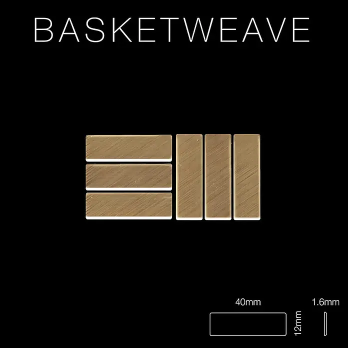 ALLOY Mosaikfliese Mosaik Fliese massiv Titan gebürstet gold 1,6mm stark Basketweave-Ti-GB - 288 x 288 mm, Gold, Sonstiges - Messingfarbene rechteckige Fliesen in Korbflechtmuster-Anordnung, mit Maßen 40x12x1.6mm.