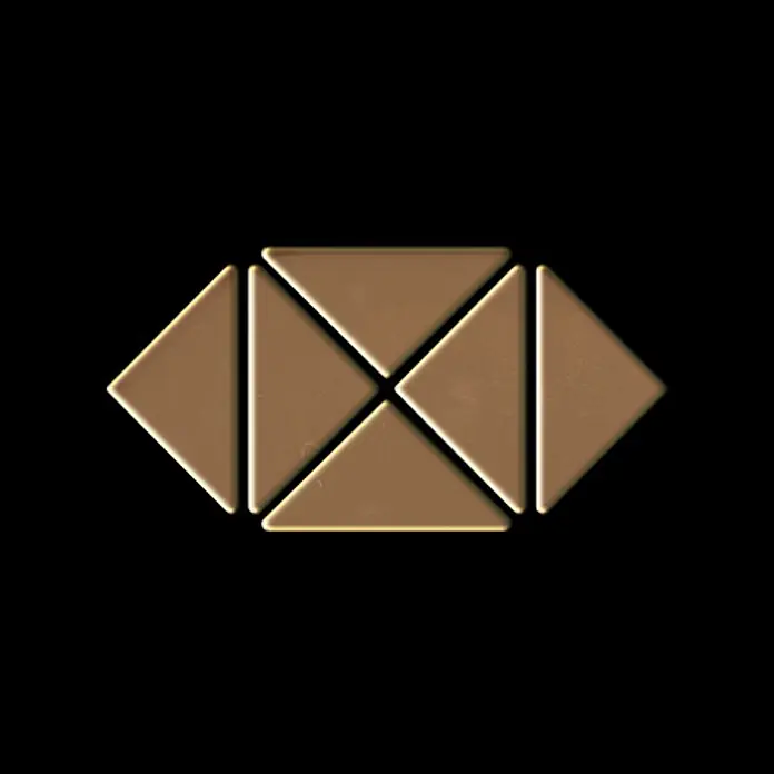 ALLOY Mosaikfliese Mosaik Fliese massiv Titan hochglänzend kupfer 1,6mm stark Deco-Ti-AM - 303 x 303 mm, Bronze, Hochglänzend - Bronze-farbenes geometrisches Logo aus ineinandergreifenden Dreiecken.