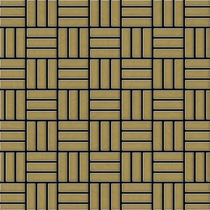 ALLOY Mosaikfliese Mosaik Fliese massiv Titan gebürstet gold 1,6mm stark Basketweave-Ti-GB - 288 x 288 mm, Gold, Sonstiges - Hellbrauner Holzparkett mit geometrischem Flechtmuster.