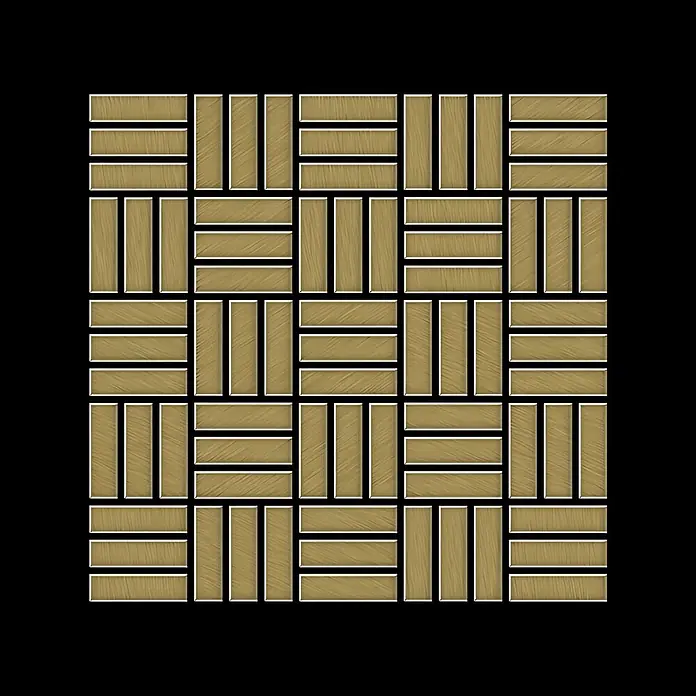 ALLOY Mosaikfliese Mosaik Fliese massiv Titan gebürstet gold 1,6mm stark Basketweave-Ti-GB - 288 x 288 mm, Gold, Sonstiges - Hellbrauner Holzparkett in einem Korbflechtmuster.