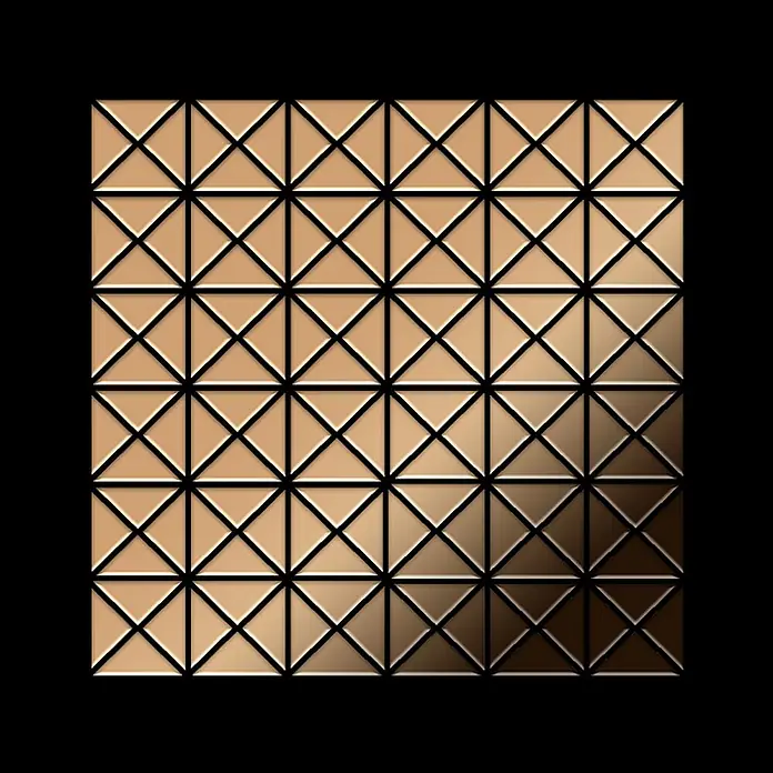 ALLOY Mosaikfliese Mosaik Fliese massiv Titan hochglänzend kupfer 1,6mm stark Deco-Ti-AM - 303 x 303 mm, Bronze, Hochglänzend - Quadratisches Gitter aus texturierten Pyramiden mit einem hell- bis dunkelbraunen Farbverlauf.