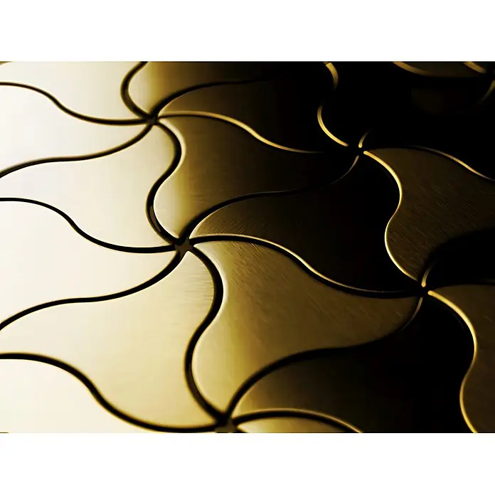 ALLOY Mosaikfliese Mosaik Fliese massiv Metall Titan gebürstet gold 1,6mm stark Ninja-Ti-GB - 313 x 255 mm, Gold, Sonstiges - Goldfarbene Metall-Deko-Platte mit ineinandergreifendem, geschwungenem Geometriemuster und gebürsteter Oberfläche.