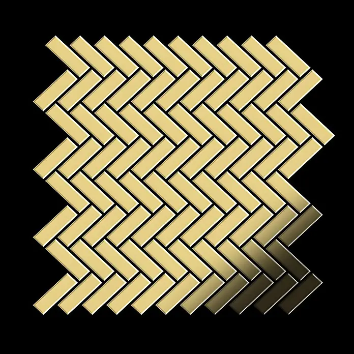 ALLOY Mosaikfliese Mosaik Fliese massiv Messing gewalzt gold 1,6mm stark Herringbone-BM - 309 x 300 mm, Gold, Sonstiges - Polierte goldfarbene Messing-Rechteckmosaikfliesen im Fischgrätmuster.