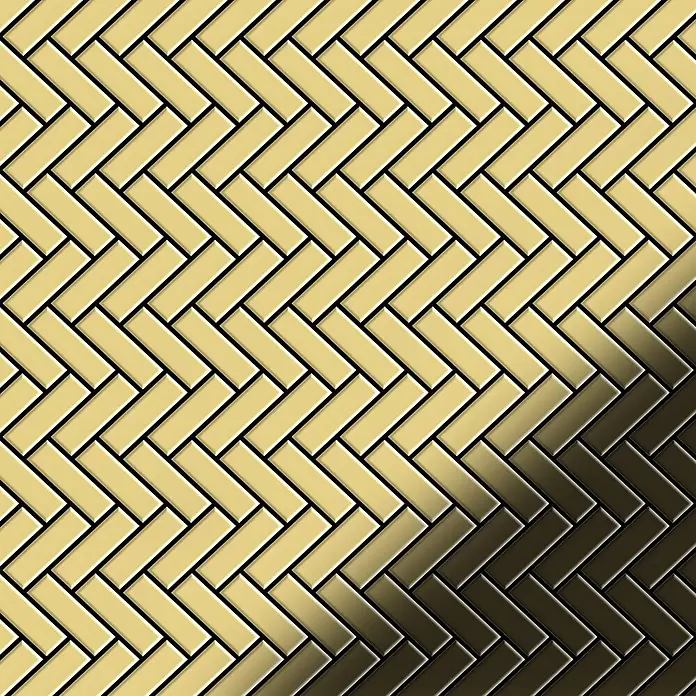 ALLOY Mosaikfliese Mosaik Fliese massiv Messing gewalzt gold 1,6mm stark Herringbone-BM - 309 x 300 mm, Gold, Sonstiges - Glänzendes gold-bronzenes Fischgrätmuster aus rechteckigen Kacheln mit 3D-Effekt.