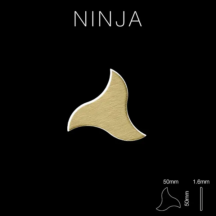ALLOY Mosaikfliese Mosaik Fliese massiv Metall Titan gebürstet gold 1,6mm stark Ninja-Ti-GB - 313 x 255 mm, Gold, Sonstiges - Goldfarbenes gebürstetes Metall Ninja Gitarrenplektrum in stilisierter Flossenform, 50x1.6mm.