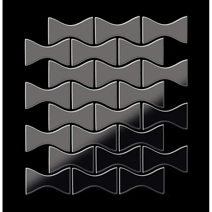 ALLOY Mosaikfliese Mosaik Fliese massiv Metall Titan hochglanz dunkelgrau 1,6mm Kismet-Ti-SM - 329 x 299 mm, Schwarz, Grau, Hochglänzend - Glänzende, metallische graue und schwarze Fliesen in Schmetterlingsform, in einem Muster angeordnet.