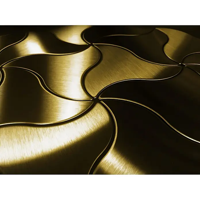 ALLOY Mosaikfliese Mosaik Fliese massiv Metall Titan gebürstet gold 1,6mm stark Ninja-Ti-GB - 313 x 255 mm, Gold, Sonstiges - Gebürstete goldene Metallfliesen mit ineinandergreifenden Wellenmustern.