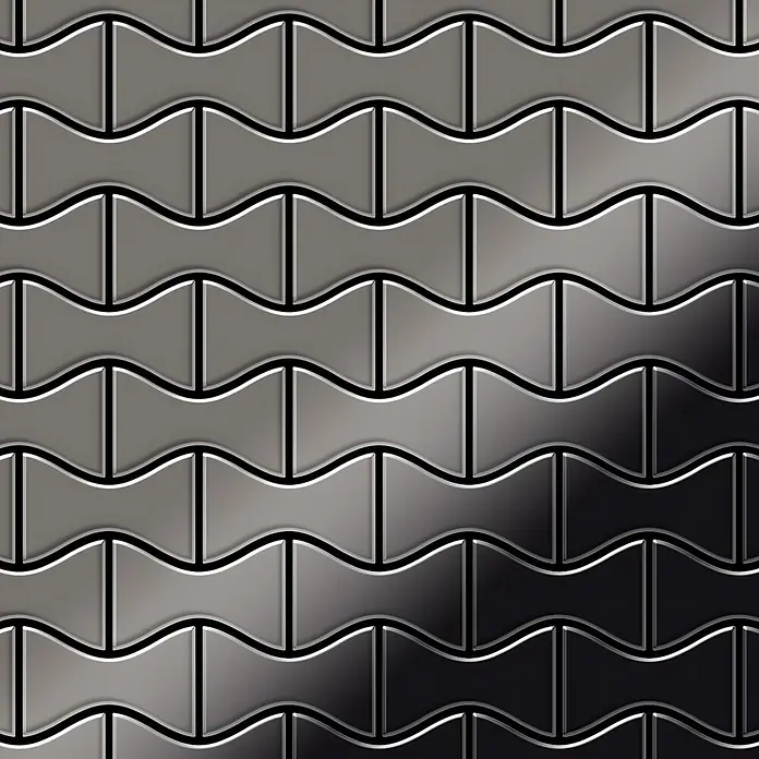ALLOY Mosaikfliese Mosaik Fliese massiv Metall Titan hochglanz dunkelgrau 1,6mm Kismet-Ti-SM - 329 x 299 mm, Schwarz, Grau, Hochglänzend - Nahtloses Muster aus metallisch grauen, ineinandergreifenden Schleifenfliesen mit Hell-Dunkel-Verlauf.