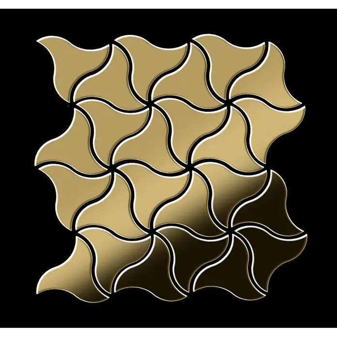 ALLOY Mosaikfliese Mosaik Fliese massiv Metall Titan hochglänzend gold 1,6mm stark Ninja-Ti-GM - 313 x 255 mm, Gold, Hochglänzend - Goldene, metallische, ineinandergreifende, geschwungene Geometrie-Fliesen bilden ein dekoratives Mosaikmuster.