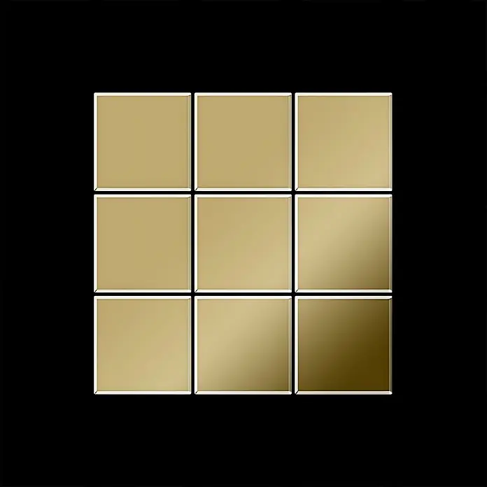 ALLOY Mosaikfliese Mosaik Fliese massiv Titan hochglänzend gold 1,6mm stark Century-Ti-GM - 98 x 98 mm, Gold, Hochglänzend - Neun metallische goldene quadratische Fliesen, angeordnet in einem 3x3-Raster.