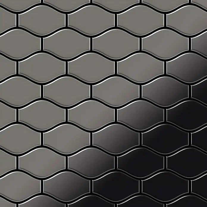 ALLOY Mosaikfliese Mosaik Fliese massiv Metall Titan hochglanz dunkelgrau 1,6mm Karma-Ti-SM - 329 x 301 mm, Schwarz, Grau, Hochglänzend - Ineinandergreifende metallic-graue Ogee-Fliesen.