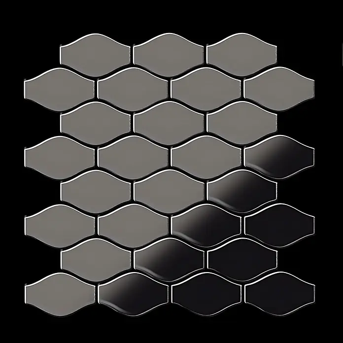 ALLOY Mosaikfliese Mosaik Fliese massiv Metall Titan hochglanz dunkelgrau 1,6mm Karma-Ti-SM - 329 x 301 mm, Schwarz, Grau, Hochglänzend - Glänzende dunkelgraue bis schwarze wellenförmige Mosaikfliesen mit weißer Fuge.