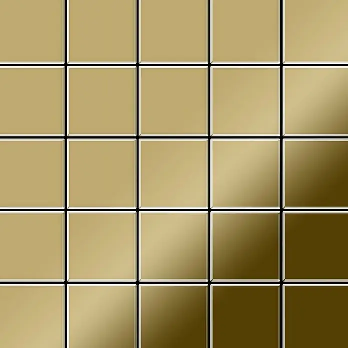 ALLOY Mosaikfliese Mosaik Fliese massiv Titan hochglänzend gold 1,6mm stark Century-Ti-GM - 98 x 98 mm, Gold, Hochglänzend - Gitter aus glänzenden gold-bronze Metallfliesen mit Lichtreflexionen, geeignet für dekorative Oberflächen.
