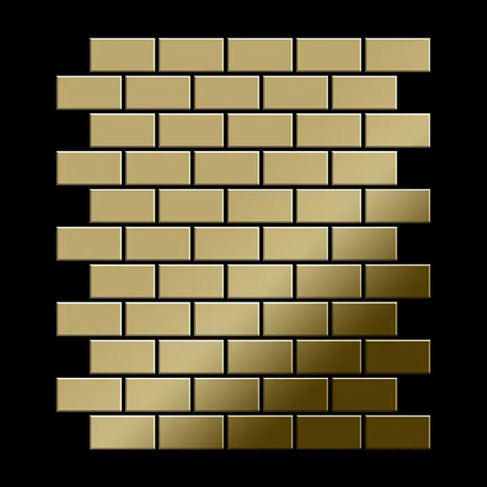 ALLOY Mosaikfliese Mosaik Fliese massiv Titan hochglänzend gold 1,6mm stark House-Ti-GM - 318 x 307 mm, Gold, Hochglänzend - Goldene metallische Rechteckfliesen in einem versetzten Muster.