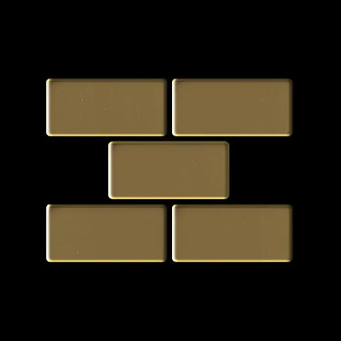 ALLOY Mosaikfliese Mosaik Fliese massiv Titan hochglänzend gold 1,6mm stark House-Ti-GM - 318 x 307 mm, Gold, Hochglänzend - Fünf gold/bronze Rechteckblöcke ziegelartig angeordnet.
