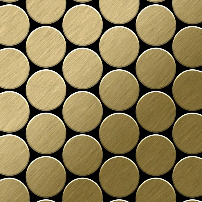 ALLOY Mosaikfliese Mosaik Fliese massiv Titan gebürstet gold 1,6mm stark Medallion-Ti-GB - 313 x 256 mm, Gold, Sonstiges - Nahtloses Muster aus gebürsteten goldenen Kreisscheiben.