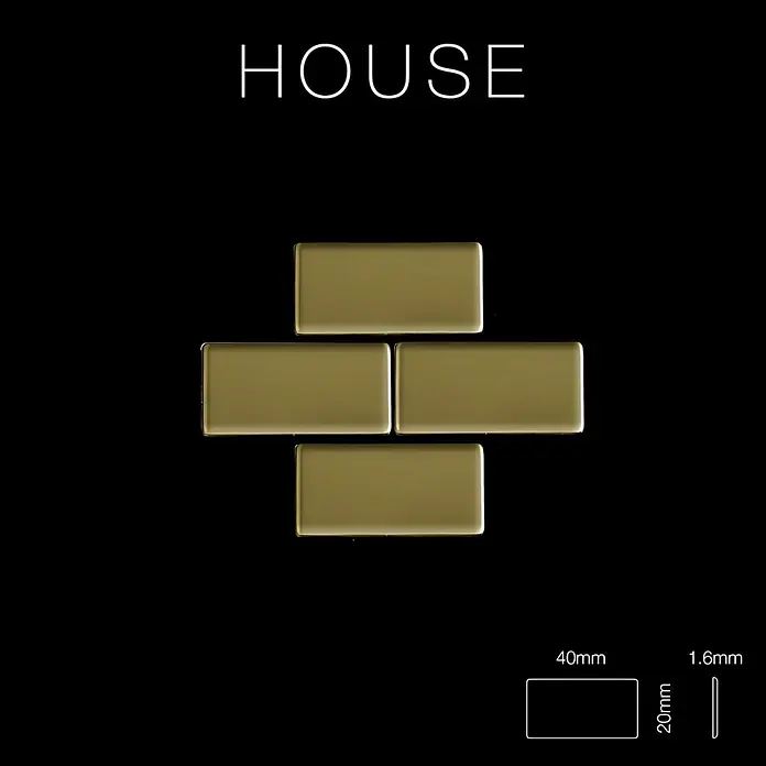 ALLOY Mosaikfliese Mosaik Fliese massiv Titan hochglänzend gold 1,6mm stark House-Ti-GM - 318 x 307 mm, Gold, Hochglänzend - Metallisch goldene rechteckige Fliesen, 40x20x1.6mm, kreuzförmig angeordnet. Text "HOUSE" oben.